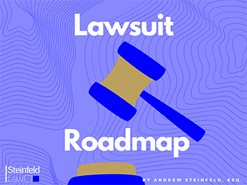 blue illustration of a gavel with text saying download Lawsuit Roadmap